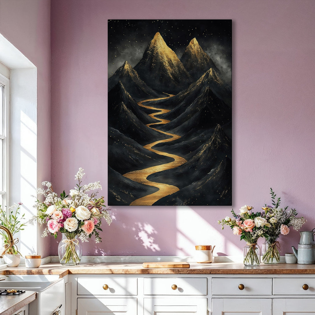 Framed Wall Art featuring a gold and black mountain landscape. Modern abstract art in a luxurious living room setting. Perfect for home decor.