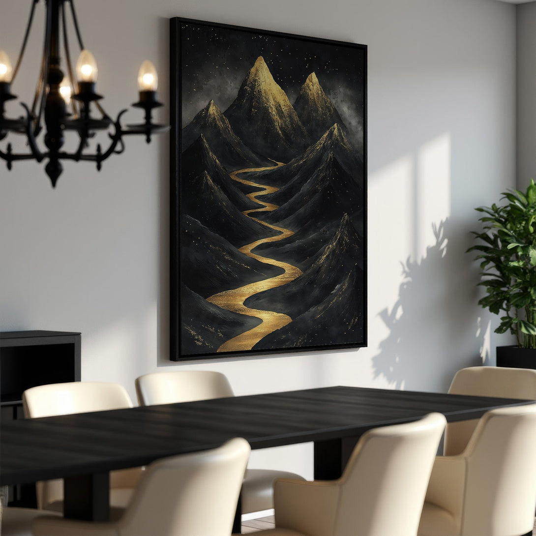 Framed Wall Art: Abstract mountain landscape canvas print in black and gold. Modern art with a luxurious, elegant color palette. Perfect for dining rooms.