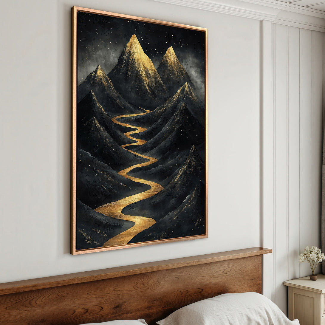 Framed Wall Art: Abstract mountain landscape Canvas Print in black & gold. Modern art for your home. Stunning gold foil accents on black mountains.