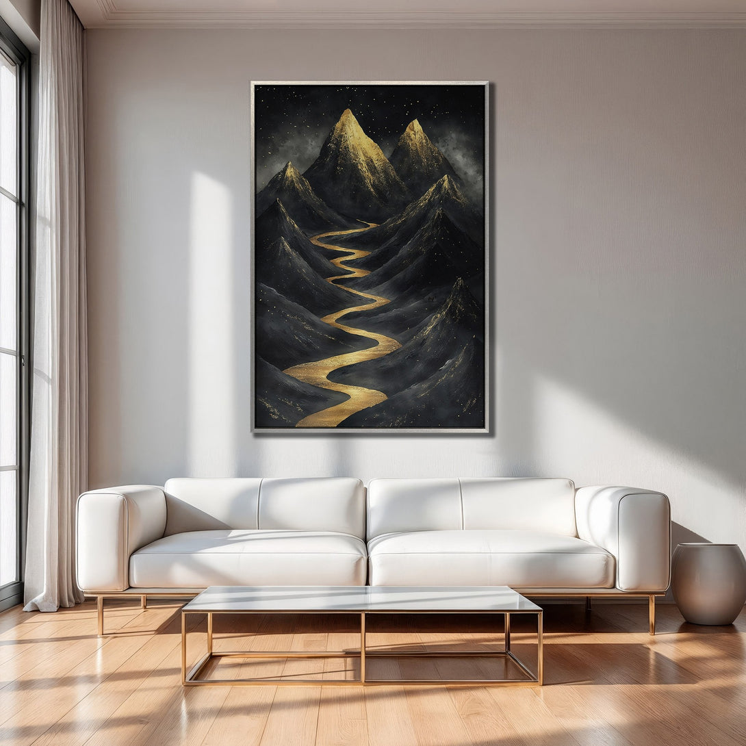 Framed Wall Art: Abstract mountain landscape in black, gold, and gray. Modern art canvas print for living room decor. Enhance your space!