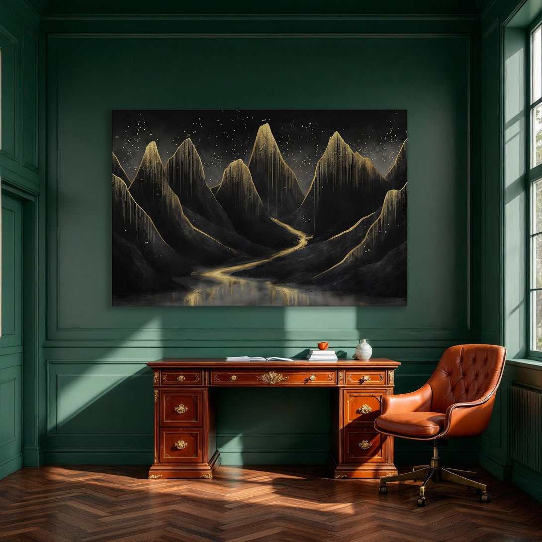 Framed Wall Art: Abstract mountain landscape Canvas Print in black and gold. Modern art for elegant home decor.