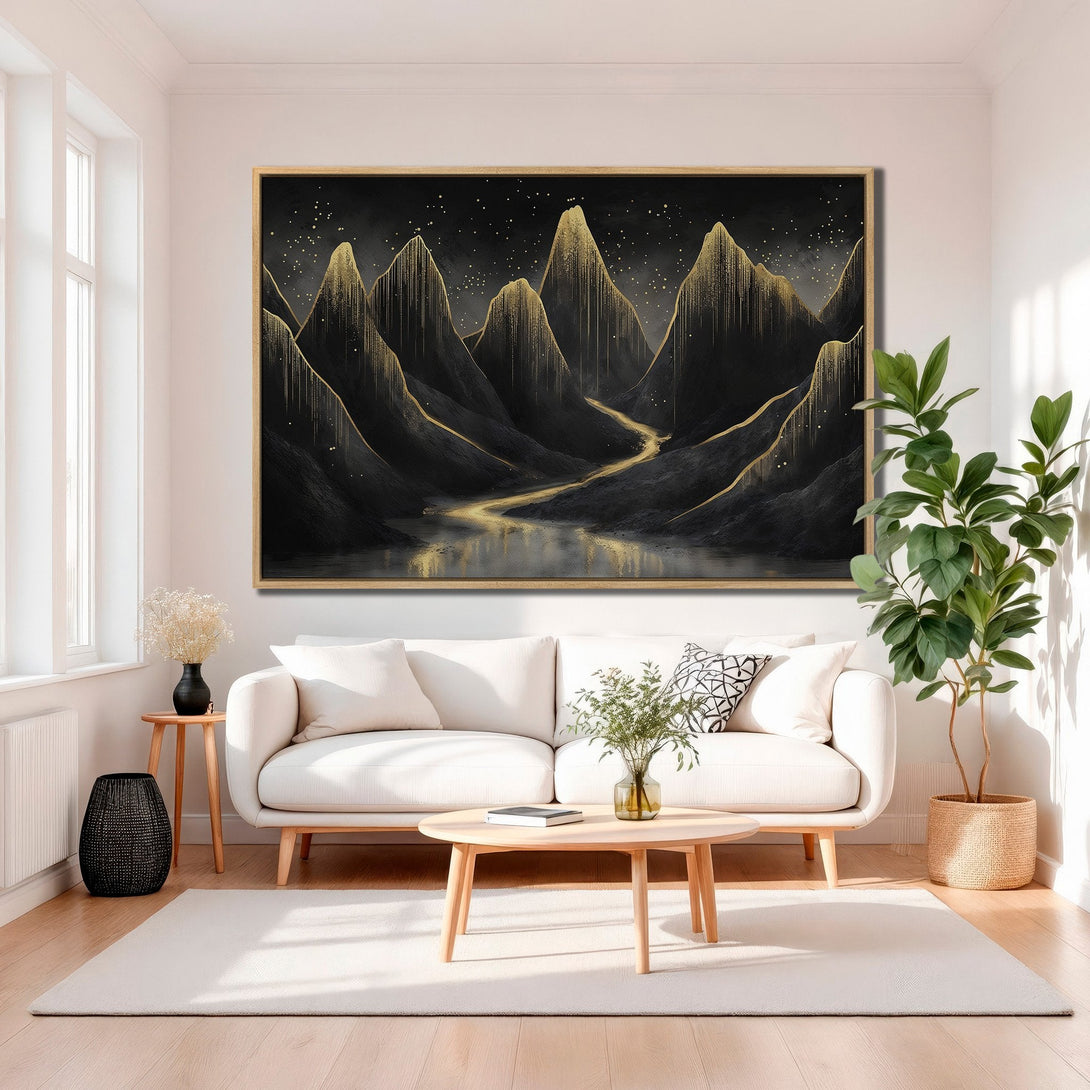 Framed Wall Art of abstract gold and black mountain landscape. Modern art print for living room decor. Luxurious color palette.