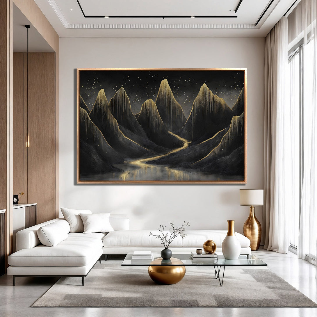 Framed Wall Art: Abstract gold mountain landscape canvas print in a modern interior. Features a black, gold, and neutral color palette. Elevate your space!