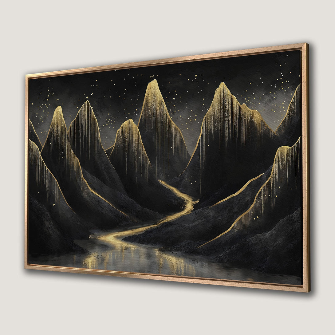 Framed Wall Art: Abstract mountain landscape in black and gold. Modern canvas print with a sophisticated, elegant style and a rich color palette.