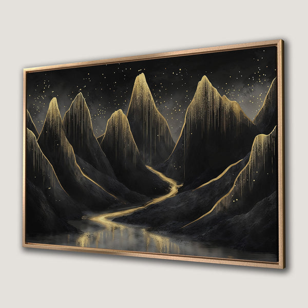 Framed Wall Art: Abstract mountain landscape in black and gold. Modern canvas print with a sophisticated, elegant style and a rich color palette.