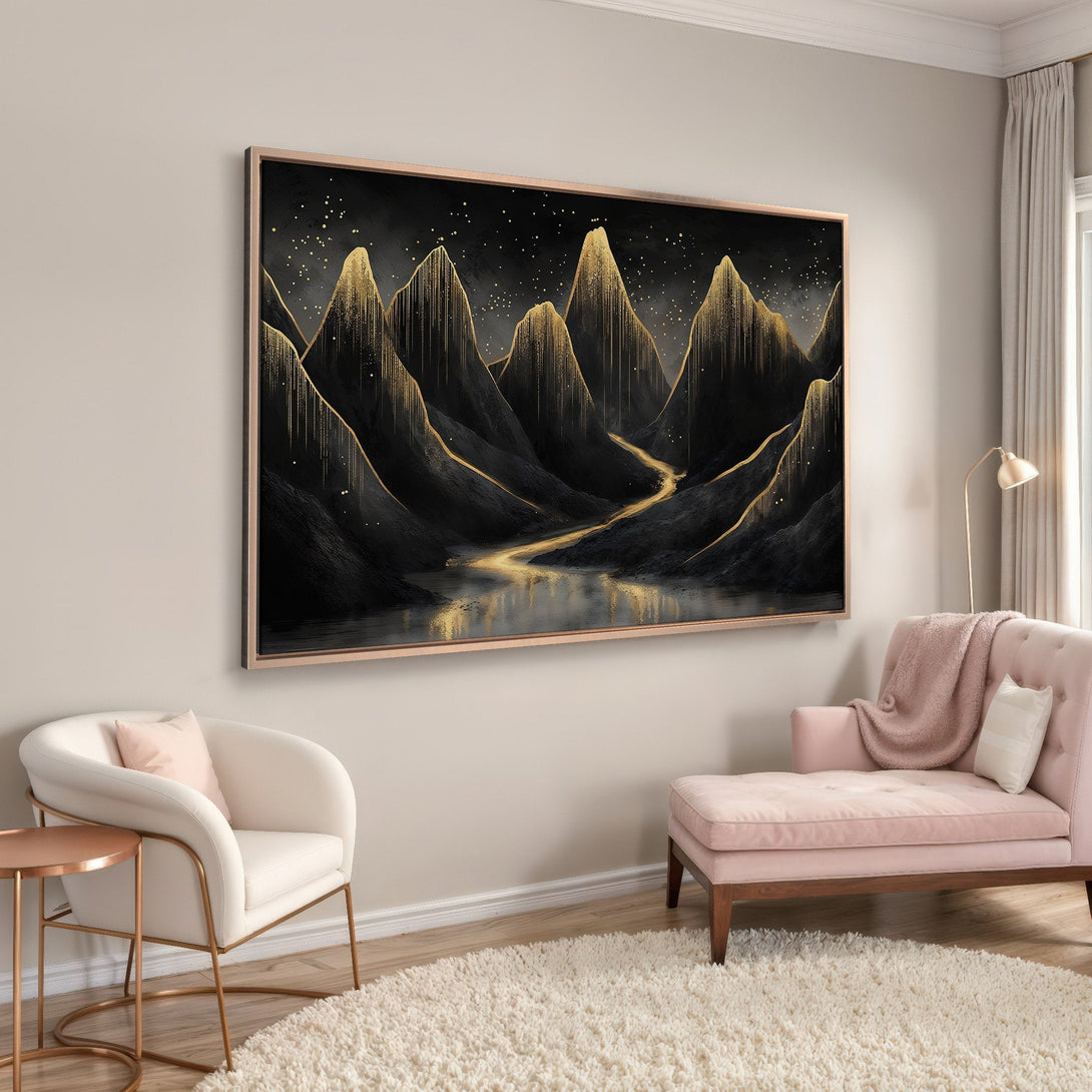 Framed Wall Art: Black & gold mountain landscape Canvas Print. Modern art with a luxurious, elegant feel. Perfect for living rooms and bedrooms.