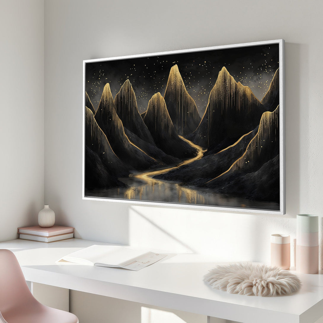 Framed Wall Art: Abstract mountain landscape in black and gold. Modern art canvas print with a luxurious, minimalist style. Perfect for home decor.