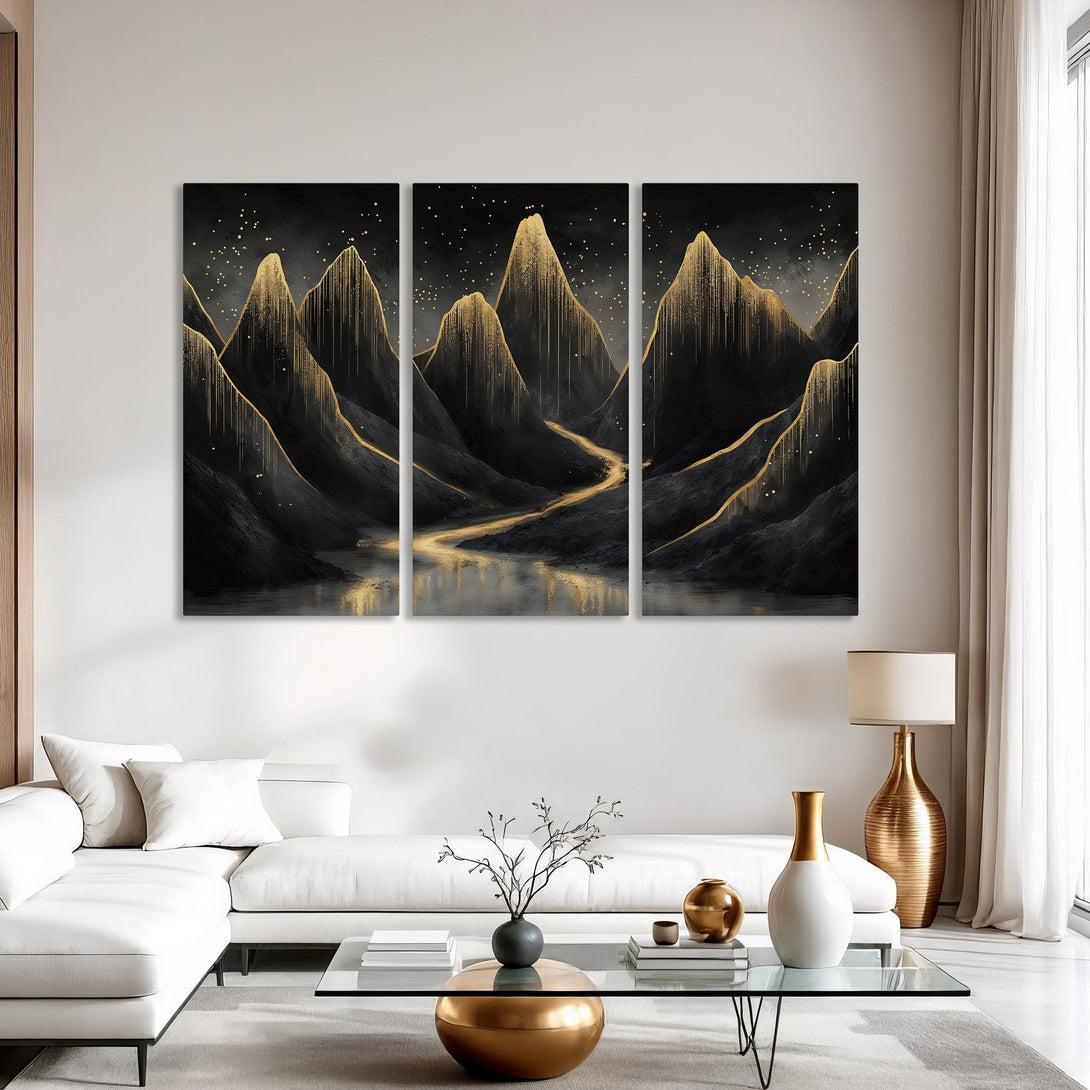 Abstract mountain Canvas Print in black and gold tones. Modern wall art with a luxurious, minimalist style. Perfect for living room decor.