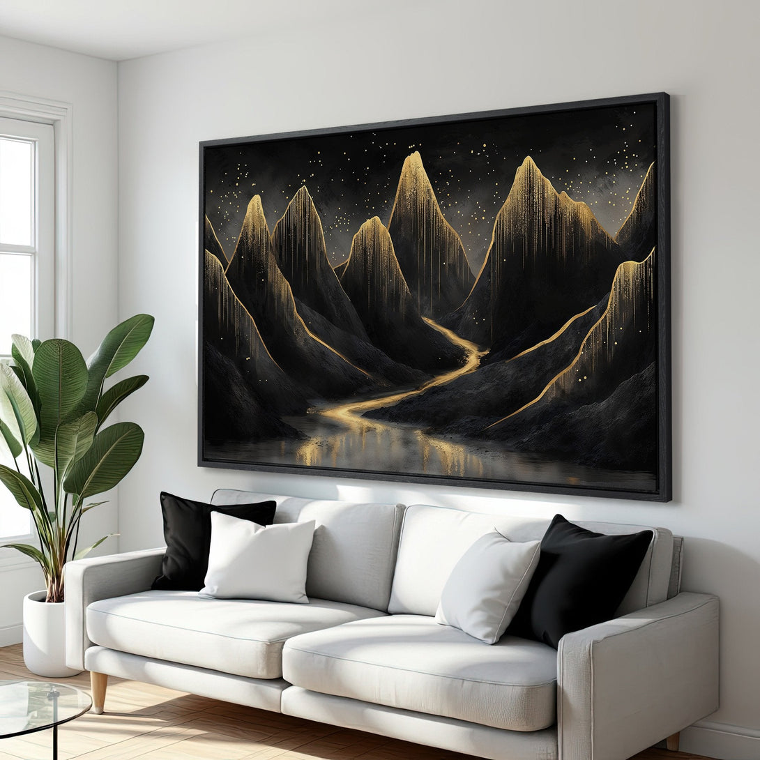 Framed Wall Art: Abstract mountain landscape Canvas Print in black and gold, perfect for modern home decor.