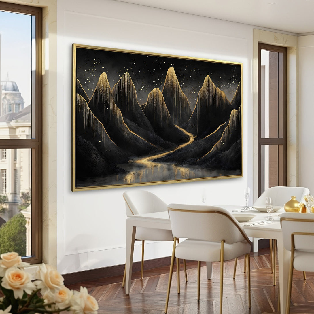 Canvas Print of a mountain landscape in black and gold. Modern art style with a dark, elegant color palette. Perfect for home decor.