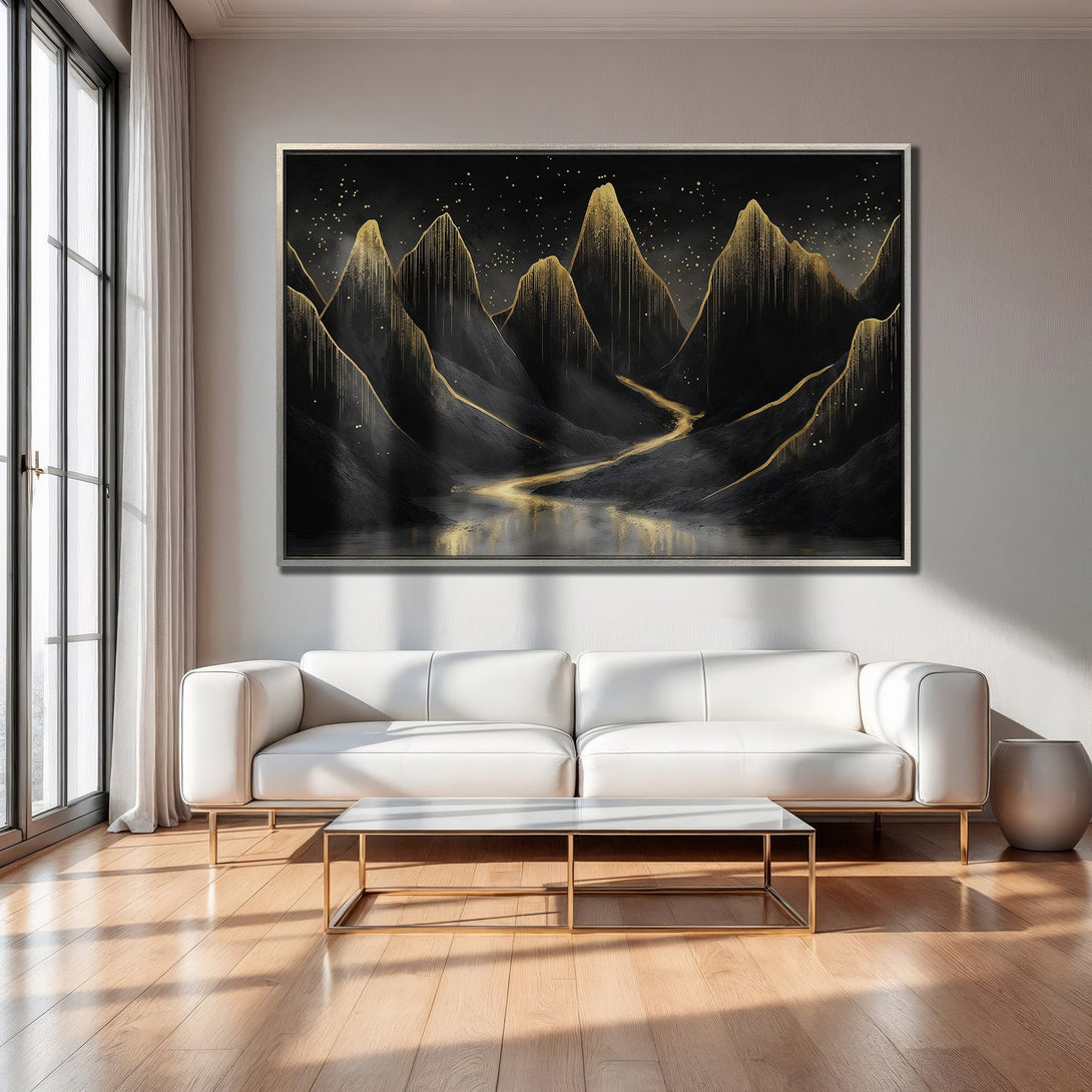Framed Wall Art: Abstract mountain landscape in black and gold, modern style. Adds a touch of luxury to any interior.
