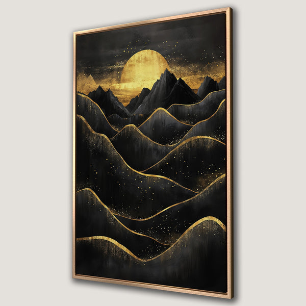 Framed Wall Art featuring a stunning black and gold landscape. Abstract mountains with a golden sun. Perfect for adding a touch of elegance to your home.