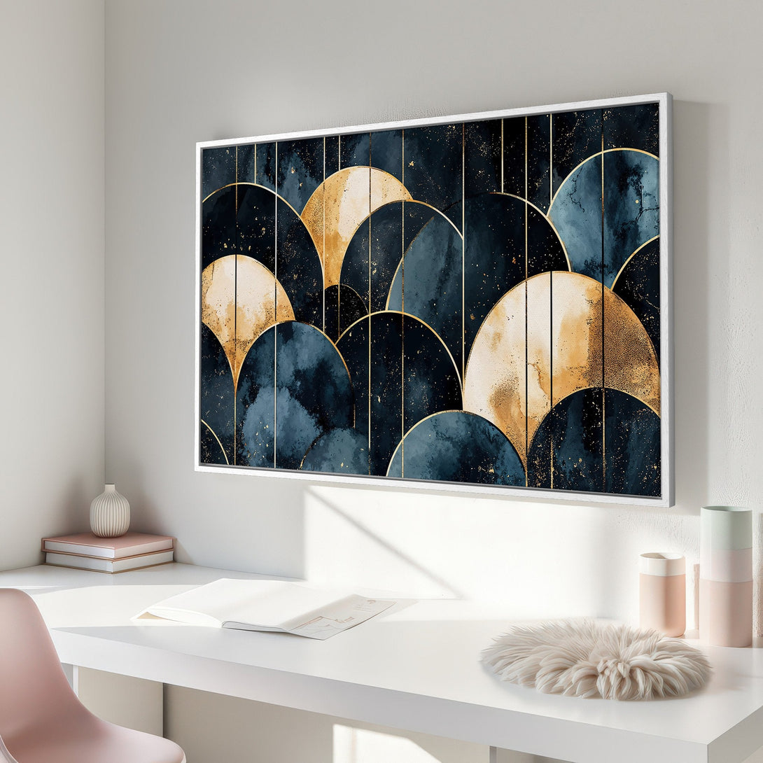 Framed Wall Art: Abstract geometric design in navy, gold, and teal. Modern art Canvas Print adds a touch of luxury to any space.