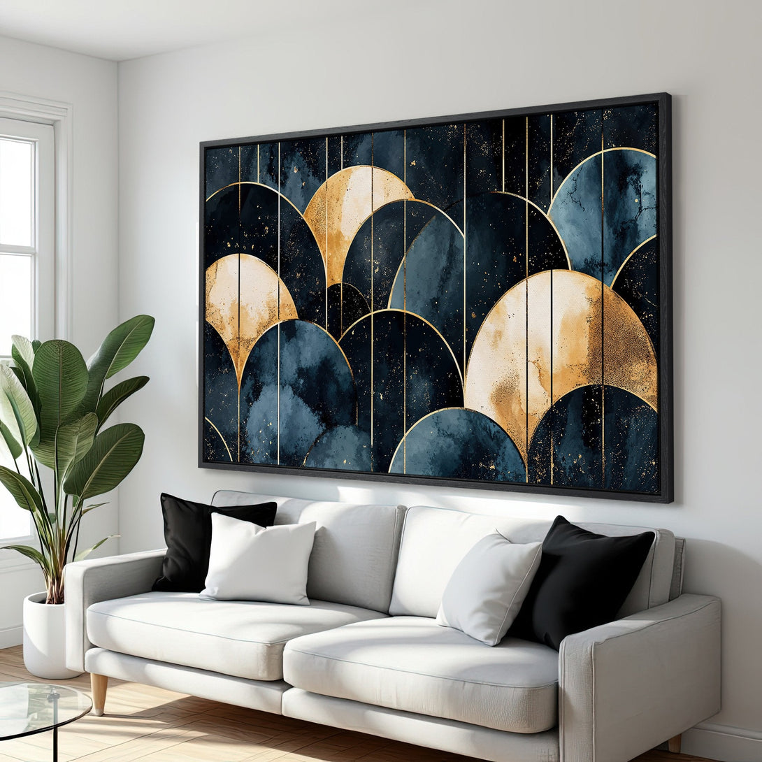 Framed Wall Art featuring a modern abstract design in navy, gold, and white. Stylish canvas print perfect for living room decor.