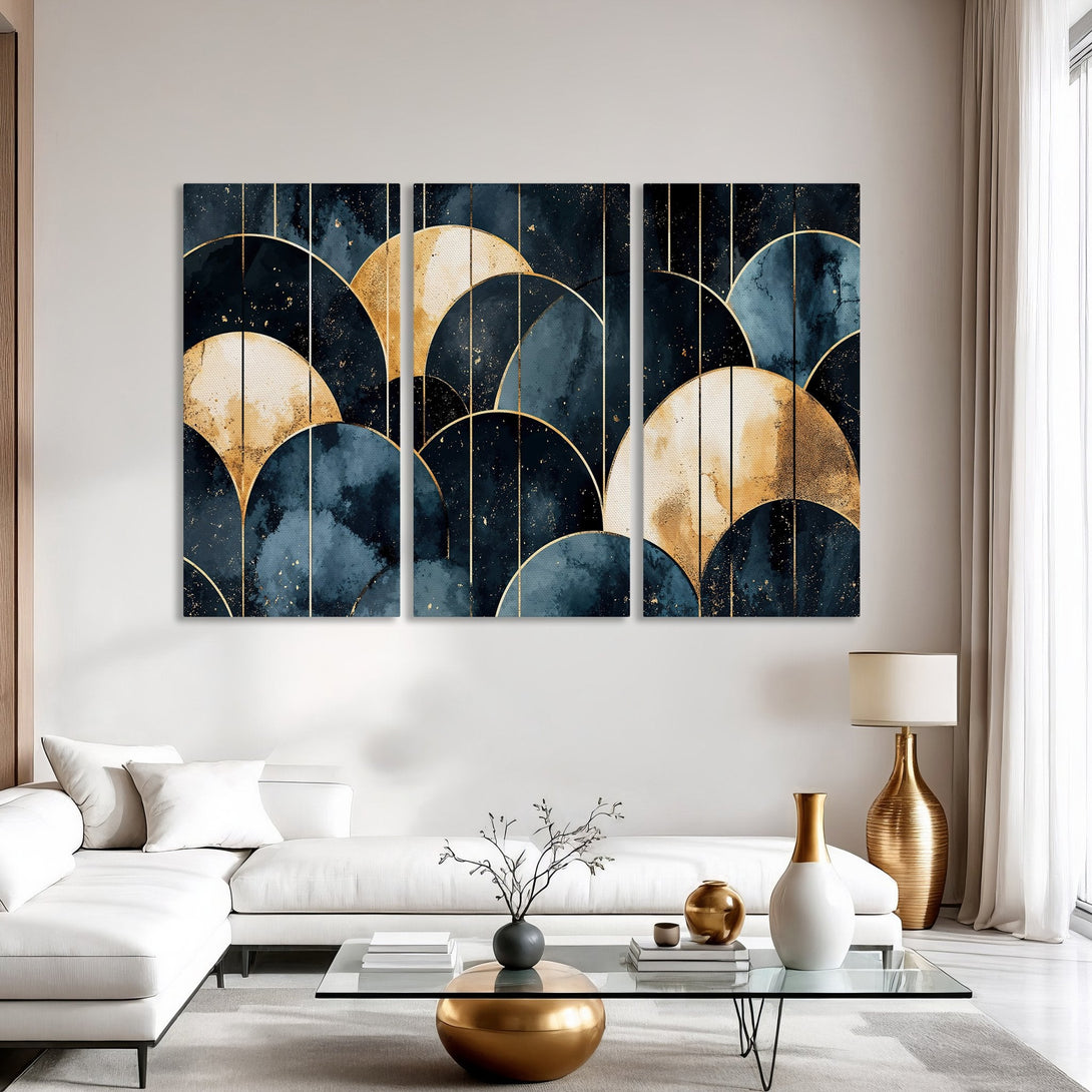Abstract Canvas Print art in navy, gold, and cream. Modern geometric design adds elegance to any interior. Shop now for stunning wall decor!