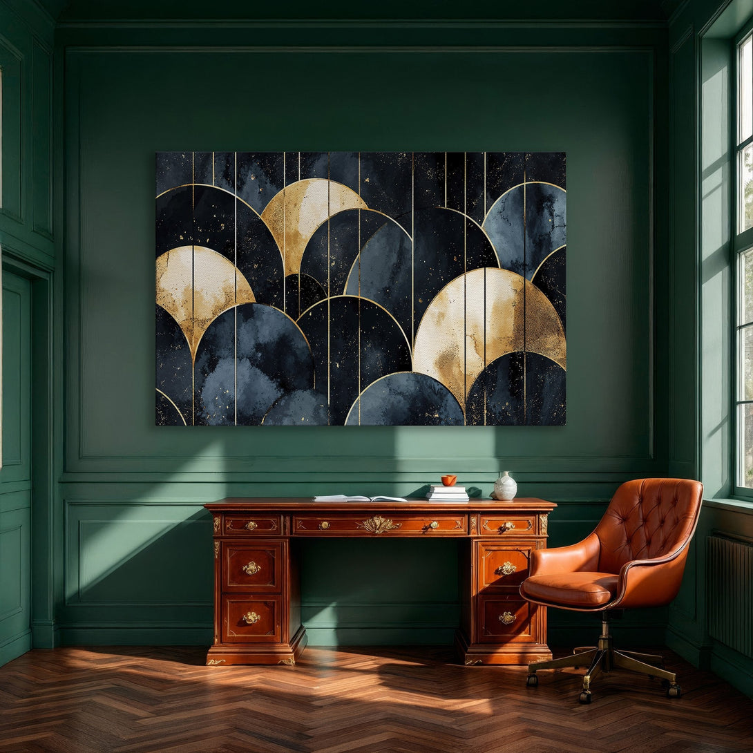 Framed Wall Art: Abstract geometric design in navy, gold, and beige. Modern canvas print adds elegance to any interior.