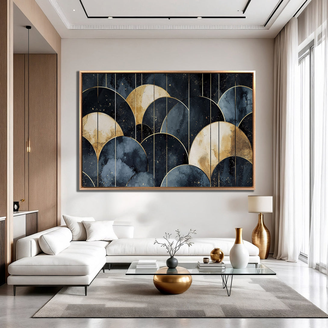 Framed Wall Art: Abstract geometric design in navy, gold, and beige. Modern art canvas print adds a touch of luxury to any living room.