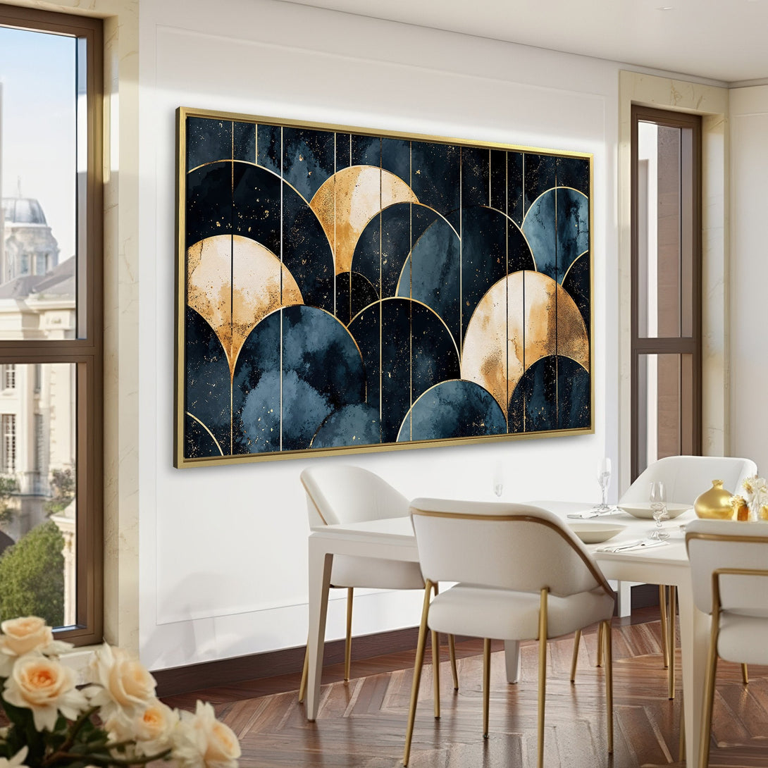 Abstract Canvas Print art in a dark blue and gold color palette, perfect for modern home decor. Elevate your space with this stunning wall art.