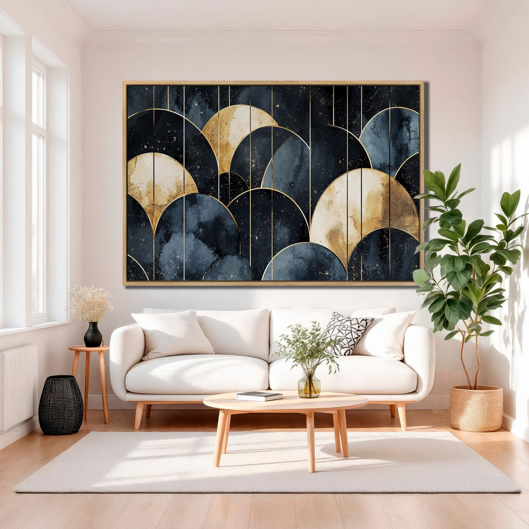 Framed Wall Art featuring abstract geometric design in navy, gold, and white. Modern Canvas Print adds a touch of elegance to any living room.