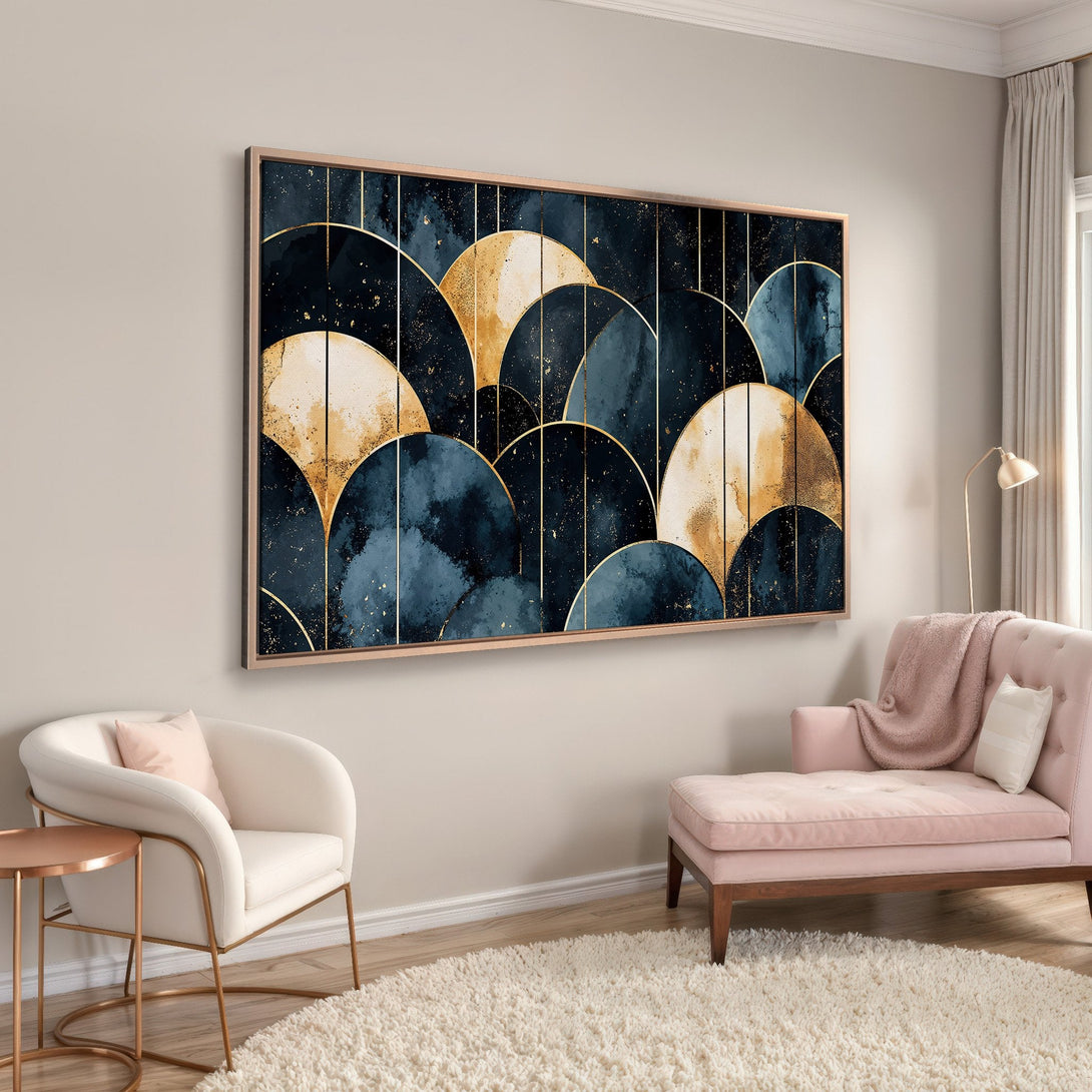 Framed Wall Art: Abstract blue & gold art print in a modern interior. Features a geometric pattern with a navy, gold, and cream color palette.