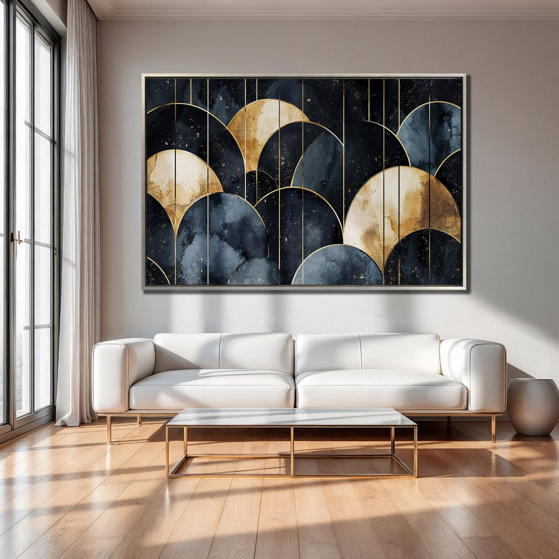 Framed Wall Art: Abstract geometric art in navy, gold, and cream. Modern canvas print adds a touch of luxury to any living room.