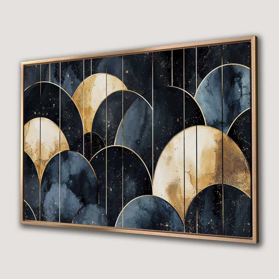 Framed Wall Art featuring an abstract geometric design in navy, gold, and cream. Modern canvas print perfect for adding a touch of elegance to your home decor.
