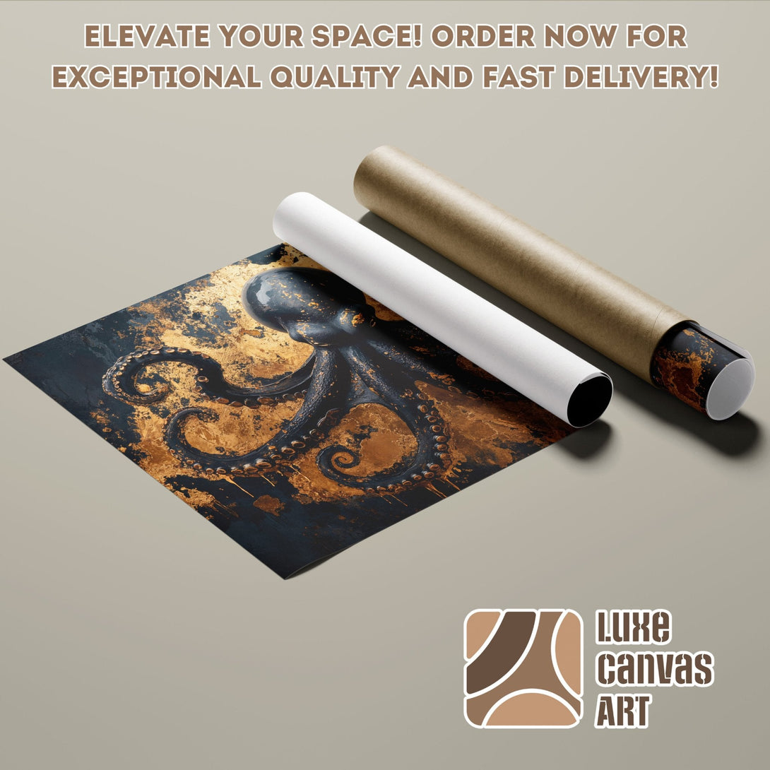 Octopus Poster Roll, abstract art in navy and gold tones. Elevate your space with Luxe Canvas Art.