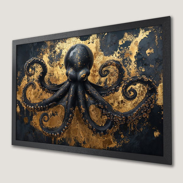 Framed Poster featuring a black octopus on a gold and navy abstract background. Modern art style, elegant decor.