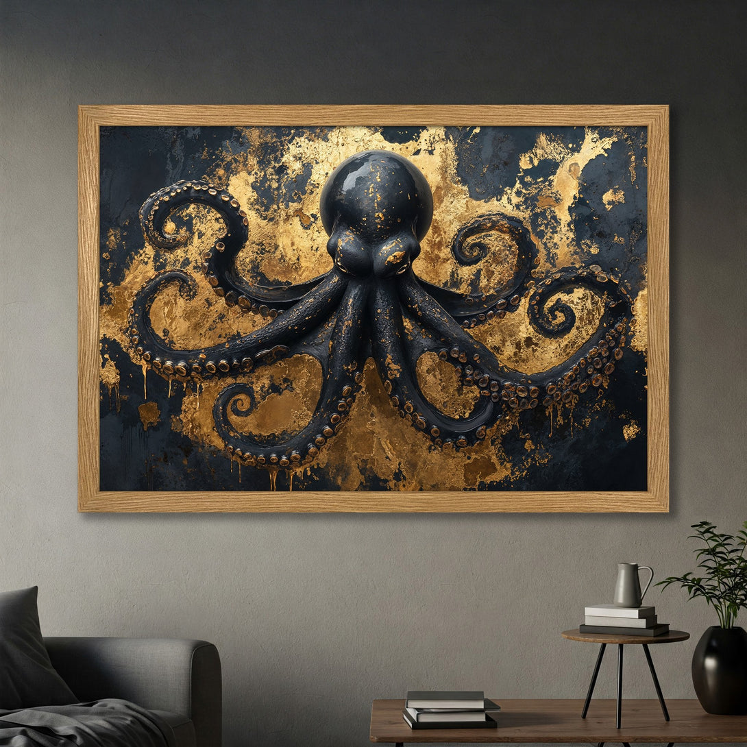 Framed Poster featuring a striking black and gold octopus design. Modern art style, perfect for home decor.