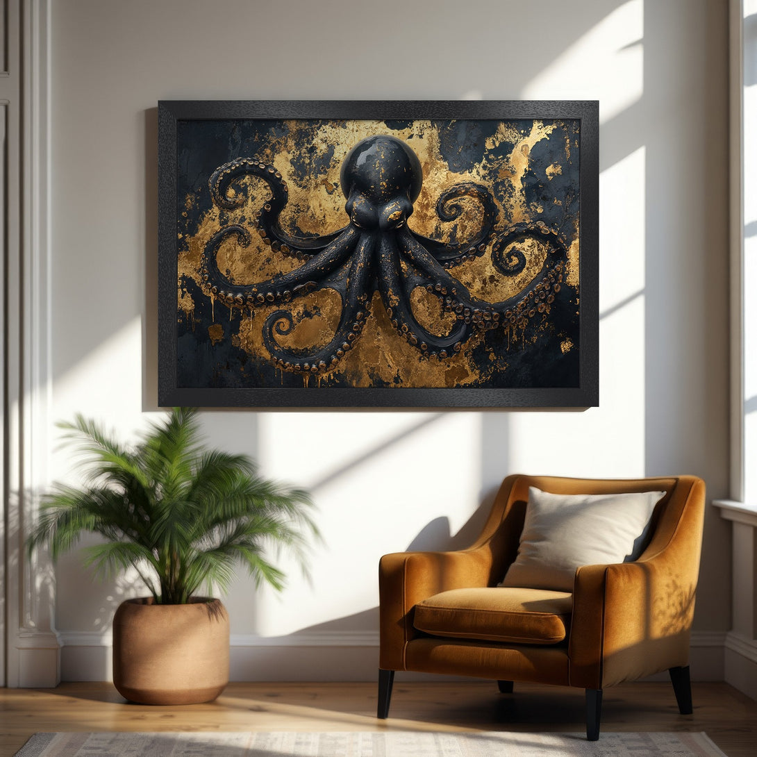 Framed Poster featuring a black and gold octopus. Modern, abstract art with a luxurious feel, perfect for home decor.
