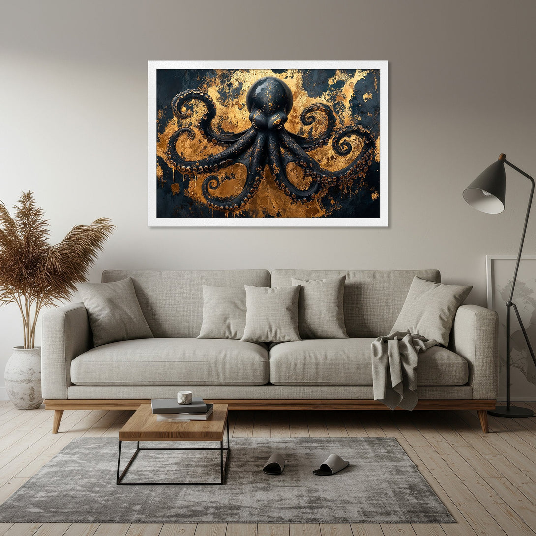 Framed Poster featuring a majestic octopus in a gold and navy abstract style. Perfect wall art to elevate your decor.