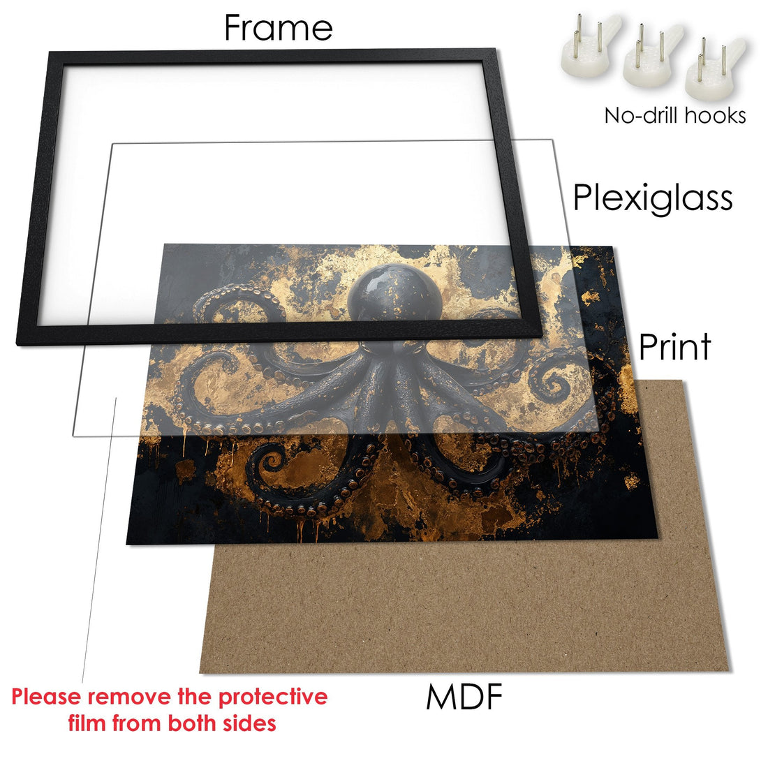 Framed Poster featuring a black and gold octopus design. Modern art style with a luxurious color palette. Elevate your space!