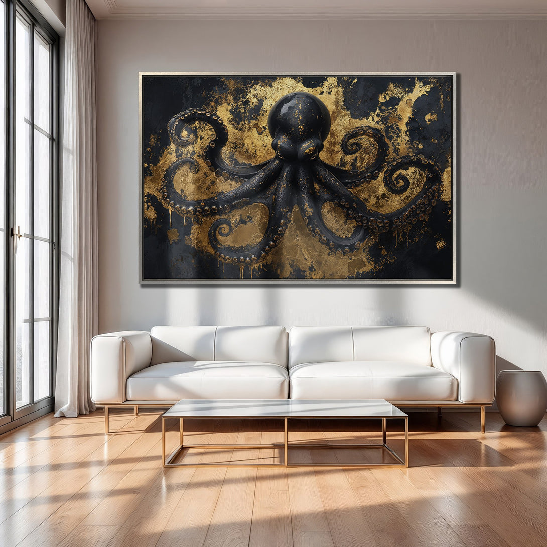 Framed Wall Art: Black & gold octopus painting, modern abstract style, adds luxury to any space. Explore our art collection today!