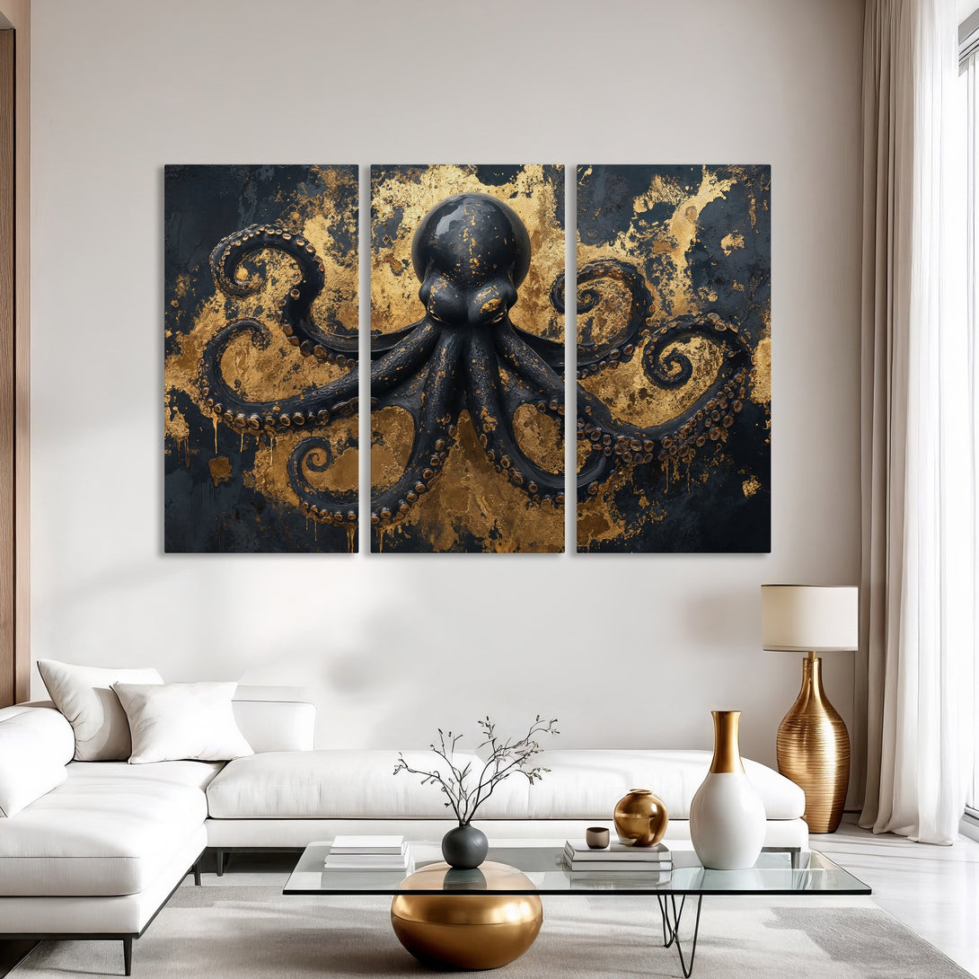 Canvas Print: Luxurious black and gold octopus art. Modern, abstract style with a dramatic, elegant color palette. Perfect for home decor.