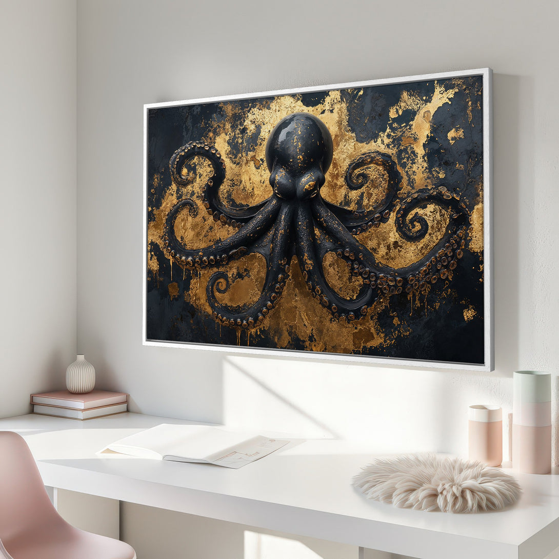 Framed Wall Art: Black octopus with gold accents on a dark background. Modern art print with a luxurious black and gold color palette.
