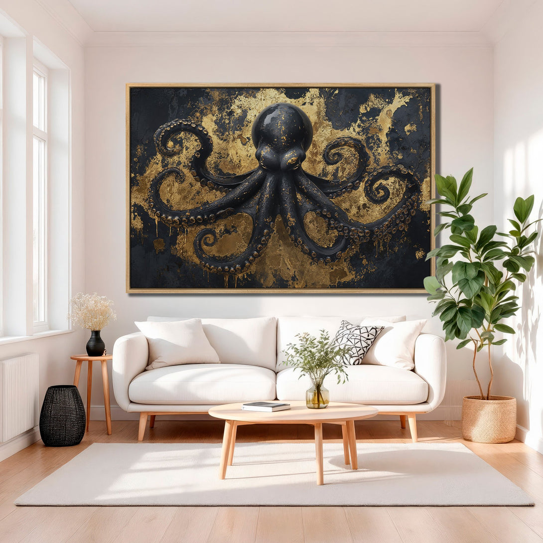 Framed Wall Art: Black & gold octopus canvas print. Modern abstract art with a luxurious color palette. Elevate your space with this stunning piece!