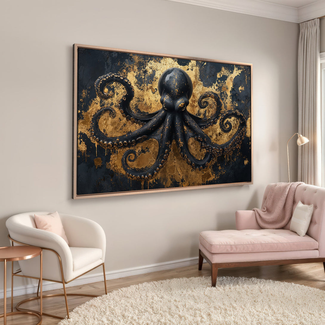 Framed Wall Art: Luxurious octopus canvas print in black and gold. Modern, abstract style, perfect for adding a touch of elegance to any space.