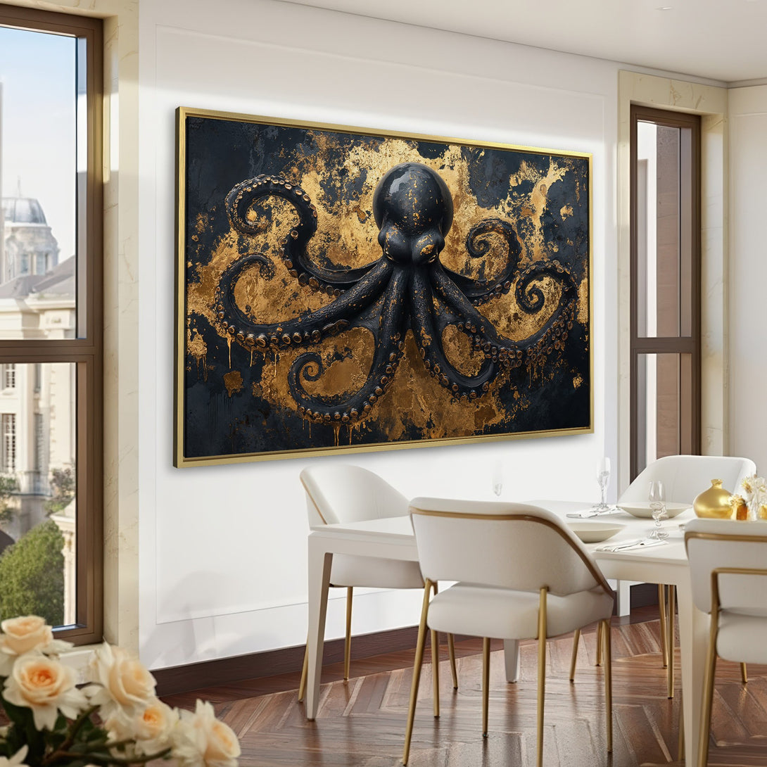 Canvas Print: Black octopus art with gold accents. Modern wall decor in a luxurious interior with a dark green and gold color palette.
