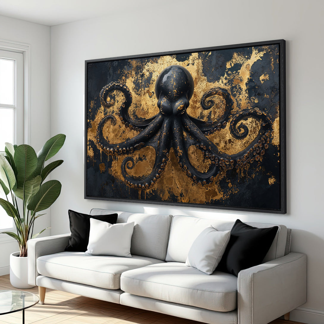 Framed Wall Art: Black octopus on gold abstract background. Modern, elegant canvas print with black, gold, and white color palette. Elevate your living room decor!