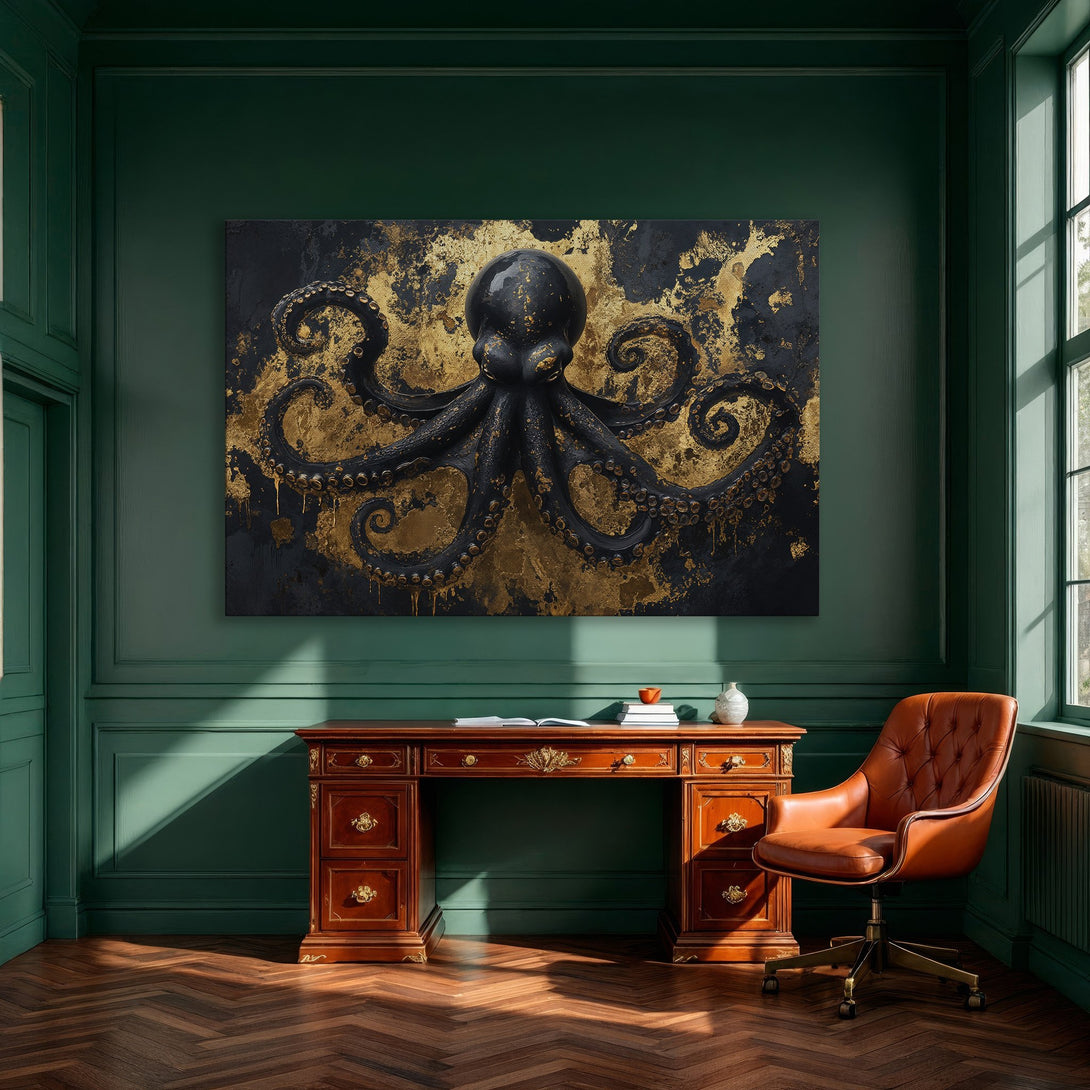 Framed Wall Art: Luxurious octopus art in black and gold, perfect for elegant home decor. Adds a touch of sophistication to any space.