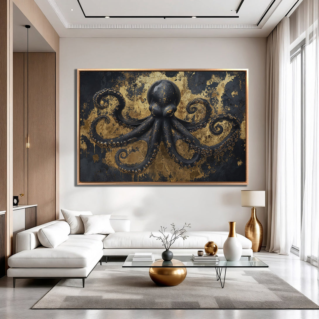 Framed Wall Art: Black and gold octopus painting in a modern interior. Dramatic abstract art with a luxurious, dark color palette.