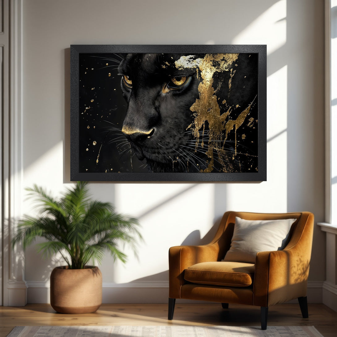 Framed Poster featuring a black panther with gold accents. Dramatic, artistic style with a black and gold color palette. Perfect wall art!