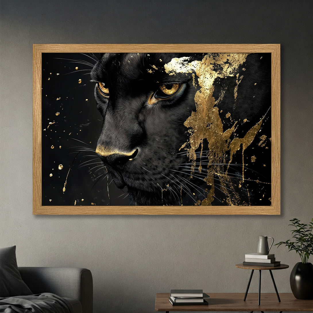 Framed Poster featuring a majestic black panther with gold accents, striking a bold, artistic look. Perfect for modern decor.