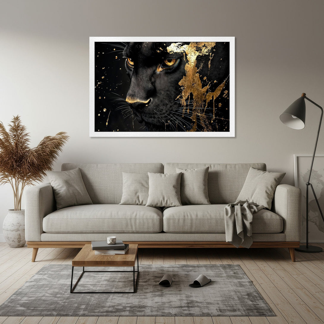Framed Poster featuring a black panther with gold accents. Modern, luxurious art print with a black and gold color palette. Perfect wall decor.