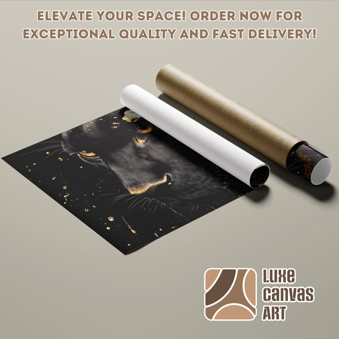 Black Panther Poster Roll with gold accents, modern art, dark color palette. Order yours today!