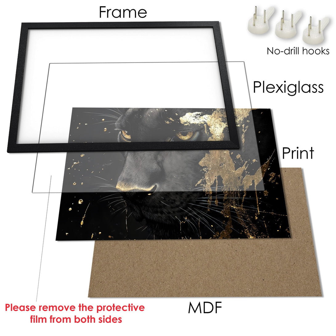 Framed Poster featuring a black panther with gold accents. Modern art style, elegant black and gold color palette. Perfect wall decor!