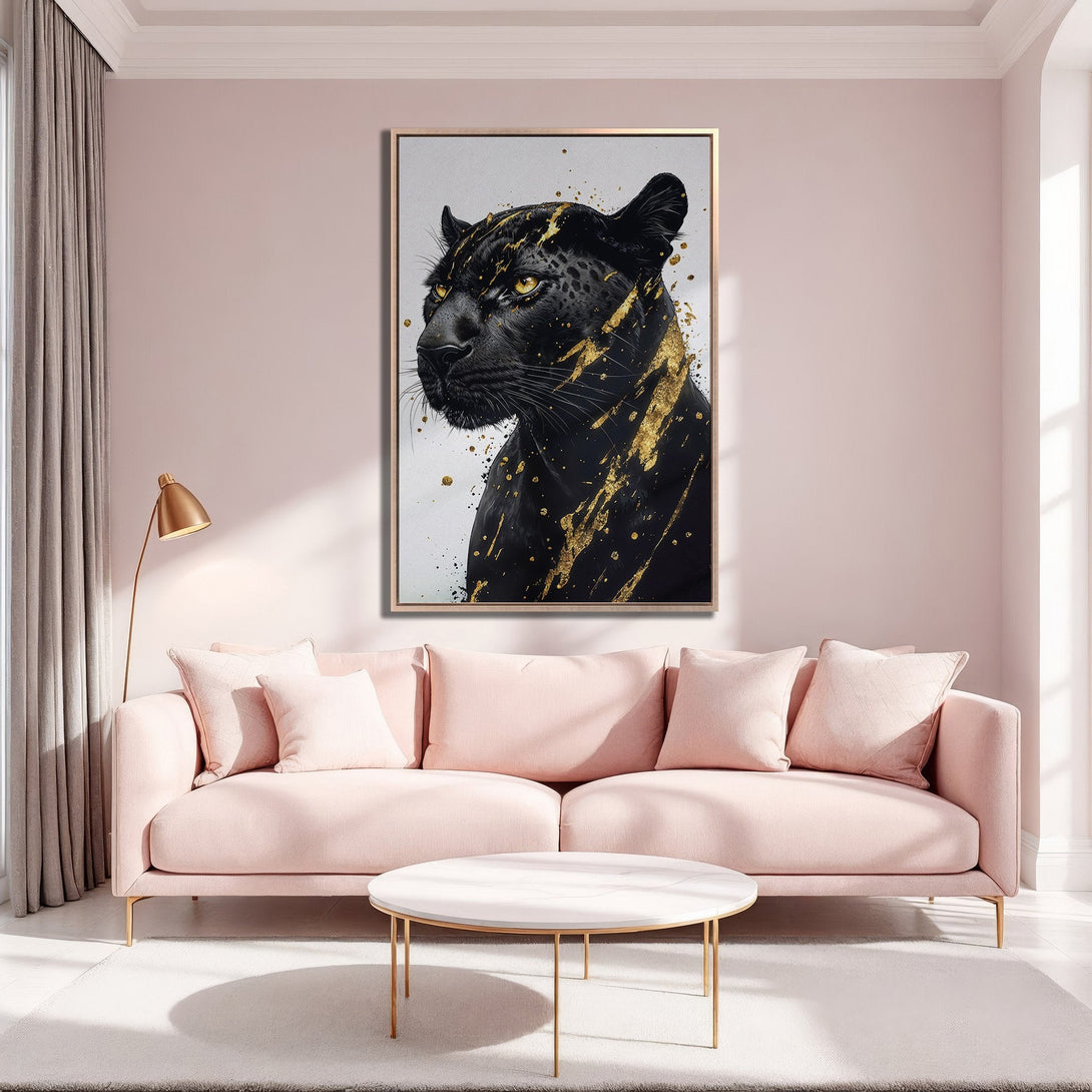 Framed Wall Art: Black panther portrait with gold accents. Modern art in a blush pink interior. Perfect for adding a touch of luxury to your home.