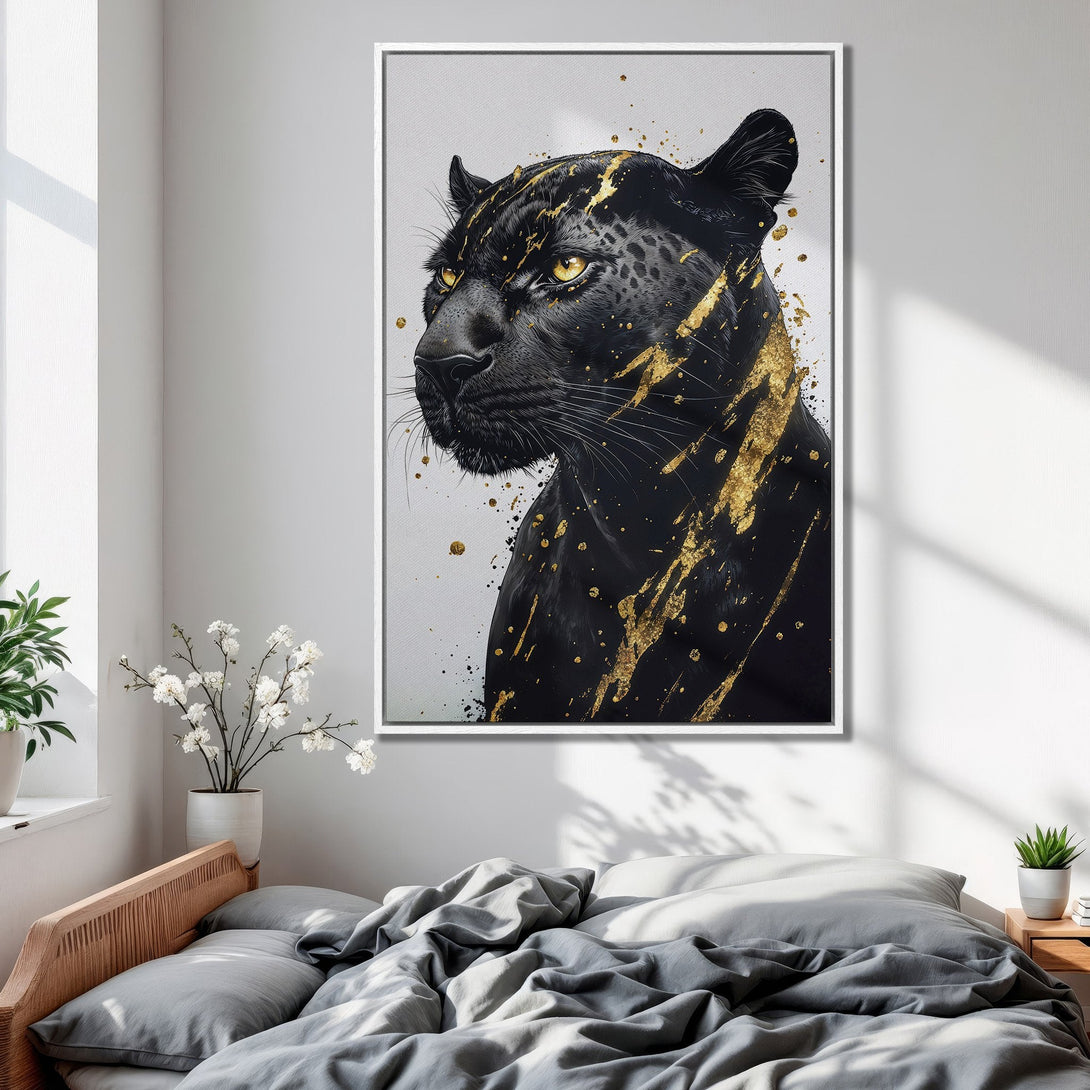 Framed Wall Art featuring a black panther with gold accents. Modern style, neutral color palette. Perfect bedroom decor.