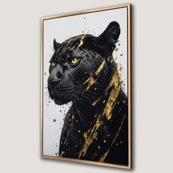 Framed Wall Art: Black panther portrait with gold accents. Modern canvas print in black, gold, and white. Elevate your space with this stunning artwork.