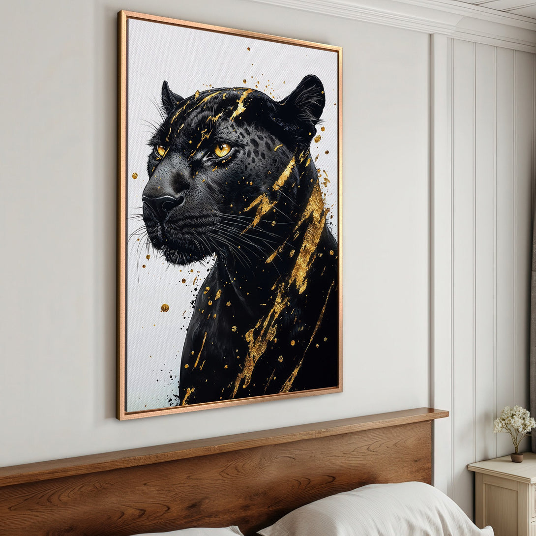 Framed Wall Art: Black panther portrait with gold accents. Modern art canvas print with a striking black and gold color palette. Perfect for home decor.